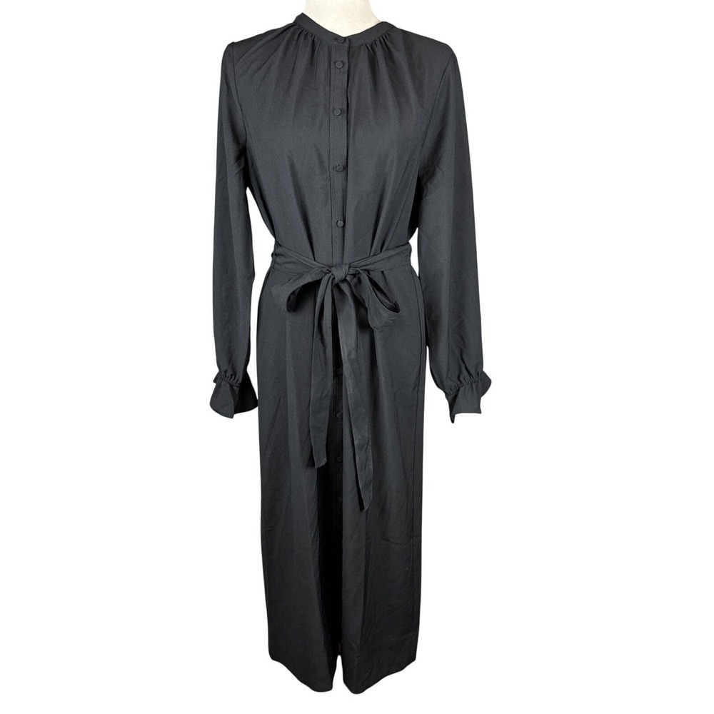 J Crew Women Drapey Shirt Dress Size M Black Satin-back Crepe Button Long Sleeve